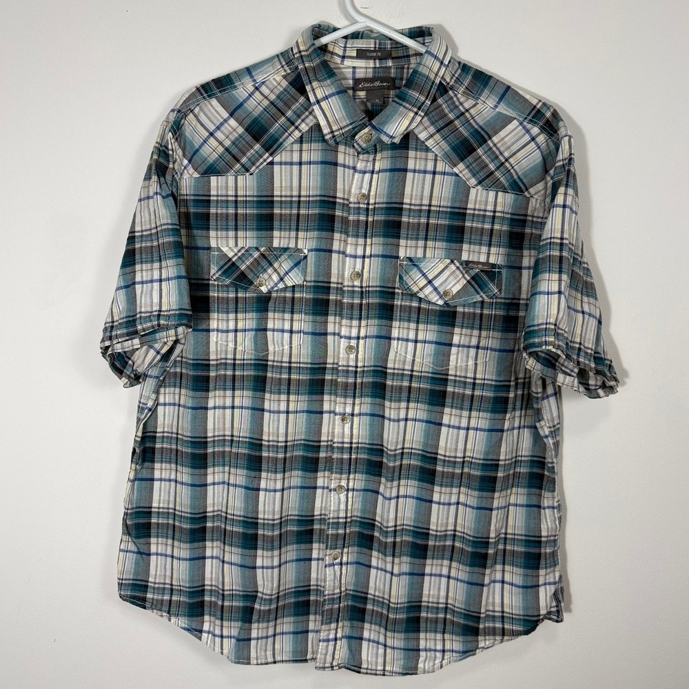 Eddie Bauer Mens XL Short Sleeve Plaid Western Button Up Shirt Blue Teal Classic